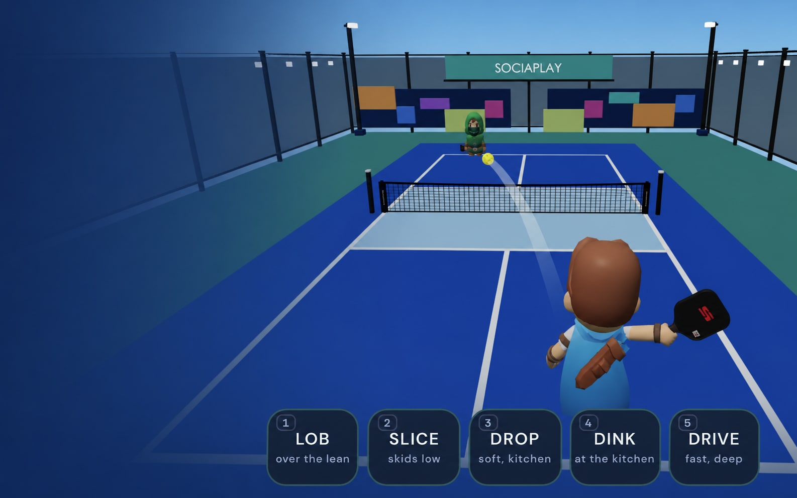 SociaPlay Rally gameplay showing a pickleball point and shot controls